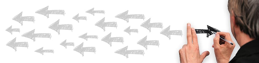 banner, header, man, write, arrows, change, direction, against the current