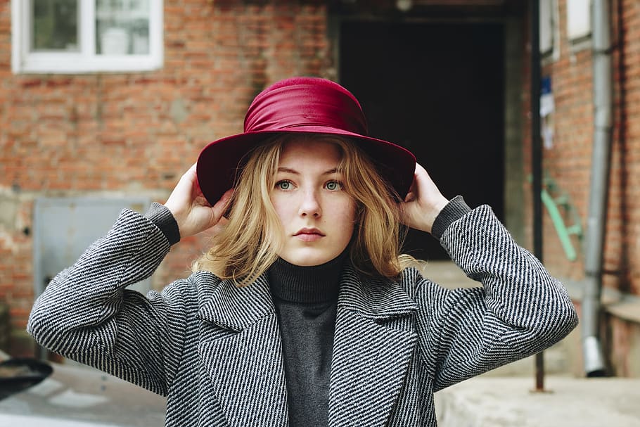 Close-Up Photography of a Woman Wearing Purple Hat, blond, blonde HD wallpaper