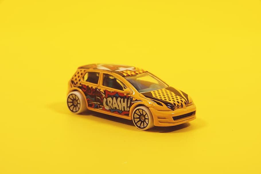 Yellow and Red 5-door Hatchback Die-cast Model, activity, automobile HD wallpaper