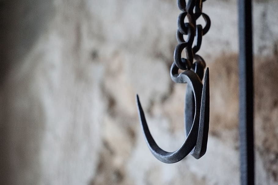 hanging hook, suspension, metal, iron, chain, steel, old, material, HD wallpaper