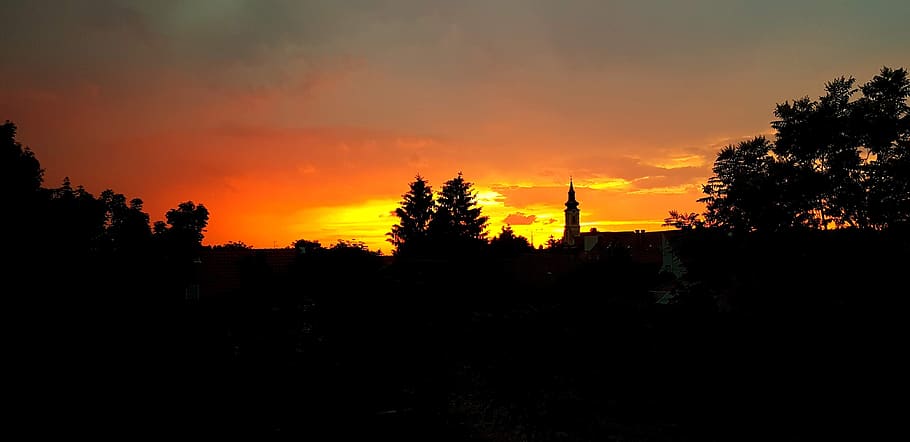 sunset, in the evening, nature, clouds, summer, horizon, silhouette HD wallpaper