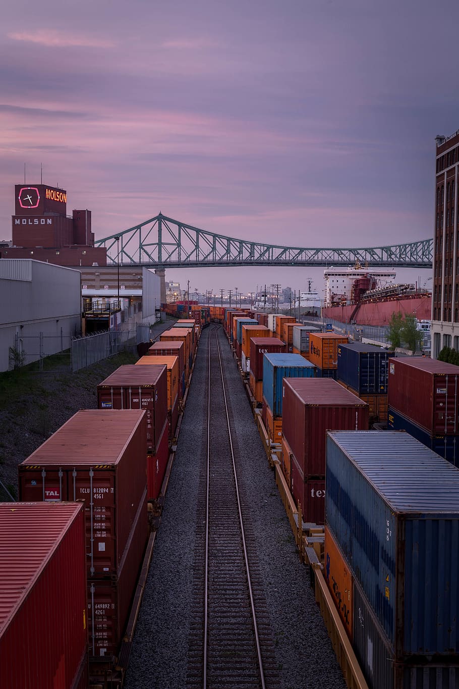 ship, montreal, building, bridge, sunset, train track, freight HD wallpaper