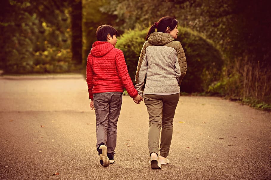 son, mother, boy, woman, pair, together, walking, road, park