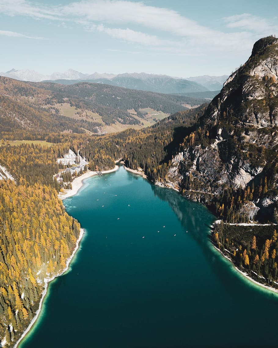 aerial photography of body of water, mountain, lake, landscape HD wallpaper