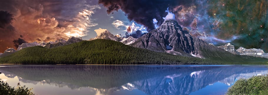 Green Trees Near Body of Water, blue, clouds, dawn, daylight HD wallpaper