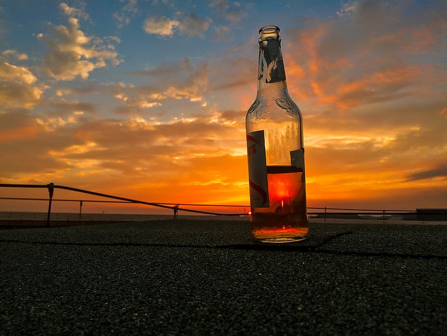 sunset, sky, bottle, cloud - sky, drink, orange color, alcohol HD wallpaper