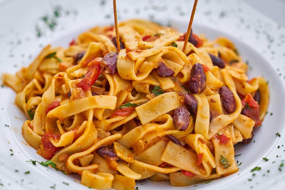 Pasta on White Plate on Focus Photo, beans, cheese, close-up HD wallpaper