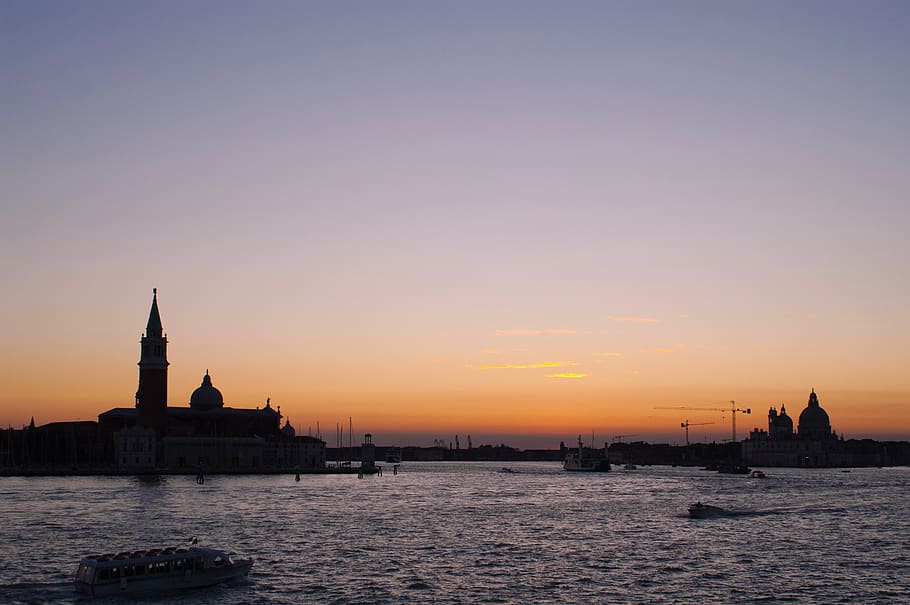 venice, italy, sunset, evening, silhouette, sky, water, architecture HD wallpaper
