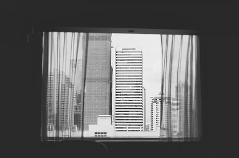 grayscale photography of curtains hanging on open window, wall HD wallpaper