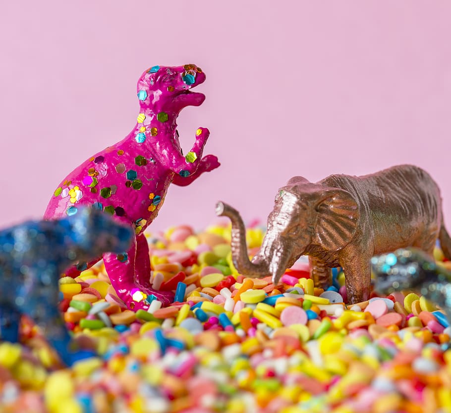 Close-Up Photo of Dinosaur and Elephant Toys, animals, assorted, HD wallpaper