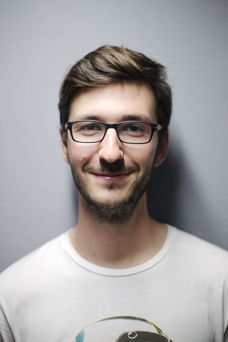 Man Smiling Behind Wall, adult, boy, casual, close-up, eyeglasses