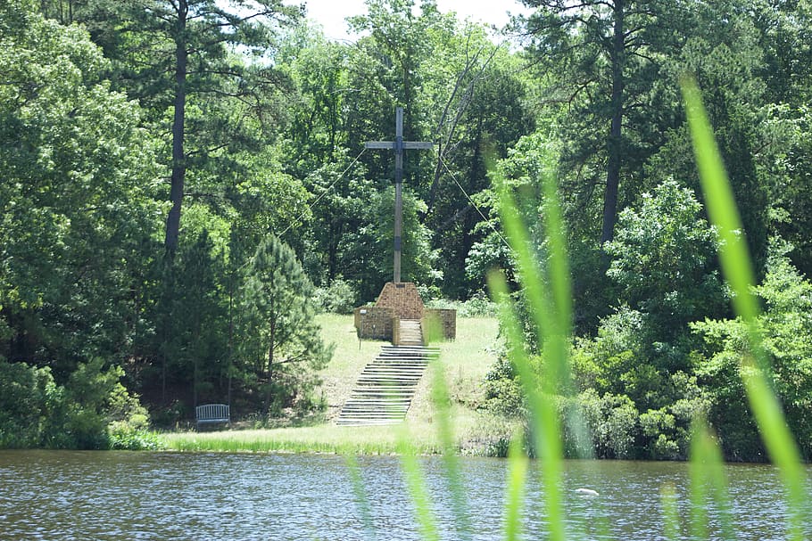 trees, lake, camp, cross, plant, water, growth, green color HD wallpaper