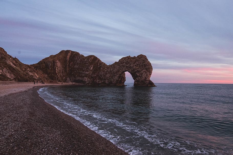 Scenic View Of Ocean During Dawn, 4k wallpaper, arch, beach, clouds HD wallpaper