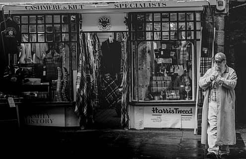 man standing outside store, person, shop, human, royal mile, scotland HD wallpaper