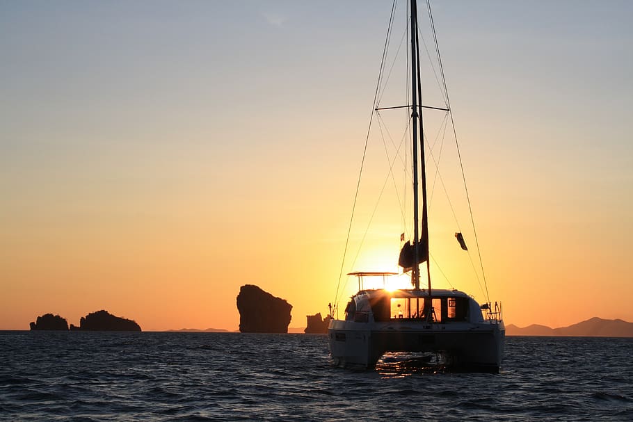 sunset, catamaran, yacht, sail, sailing boat, water, sea, vacations, HD wallpaper
