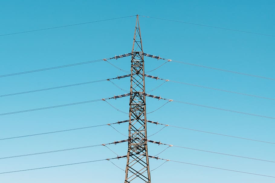electricity tower, utility pole, cable, power lines, electric transmission tower, HD wallpaper