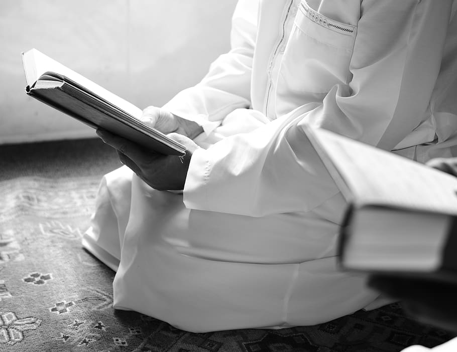 Person Kneeling Holding Book, adult, belief, black and white