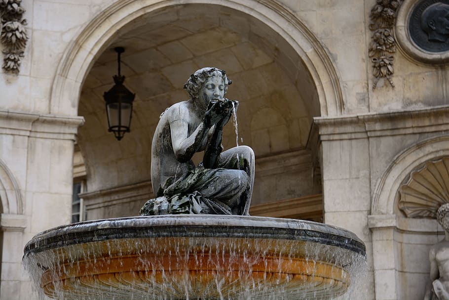 france, lyon, statue, fountain, architecture, sculpture, art and craft, HD wallpaper