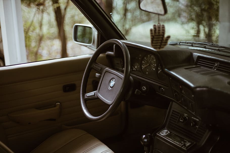 black BMW steering wheel, dashboard, chair, travel, vehicle, transport, HD wallpaper