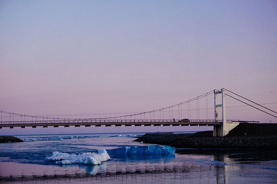 ice, water, sunset, bridge, iceland, connection, bridge - man made structure HD wallpaper