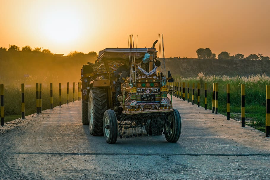 tractor, bridge, summer, sunset, travel, agriculture, truck HD wallpaper