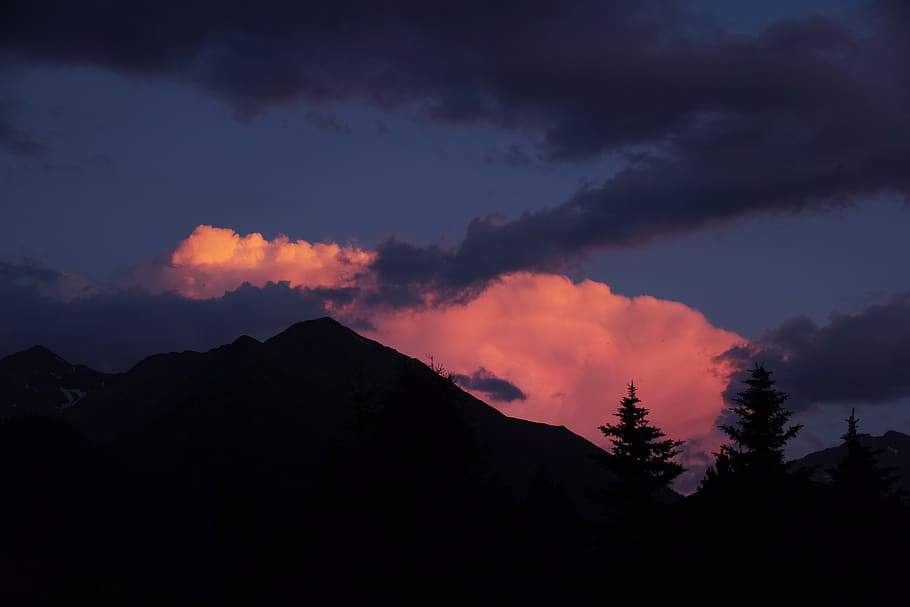 clouds, color, trees, night, sky, cloud - sky, mountain, beauty in nature HD wallpaper
