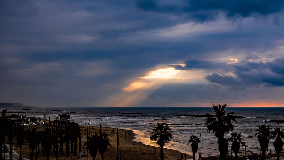 tel aviv, israel, beach, sunlight, clouds, winter, sky, cloud - sky, HD wallpaper