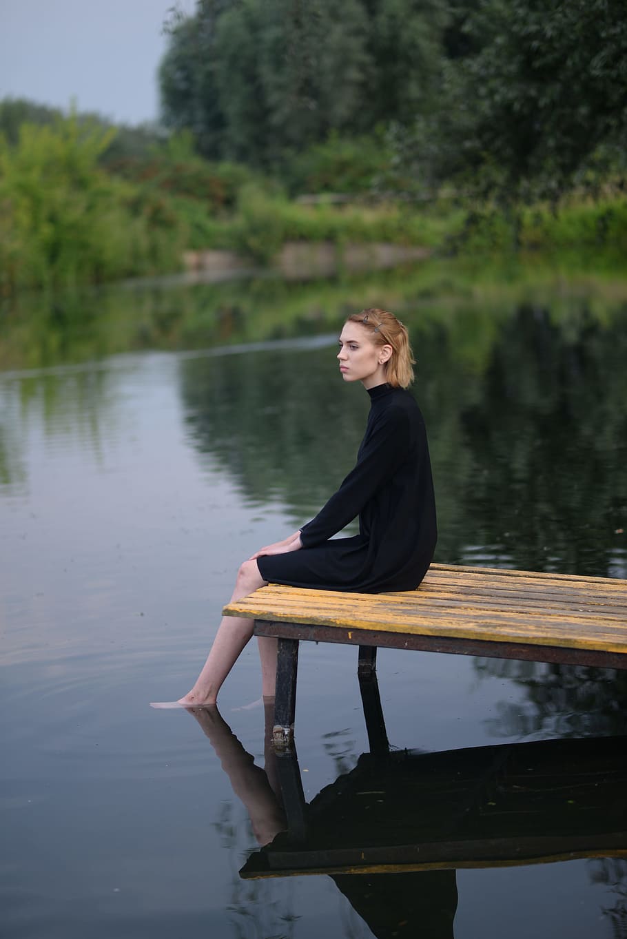 Woman Sitting On Bamboo Dock, alone, lake, leisure, person, river HD wallpaper