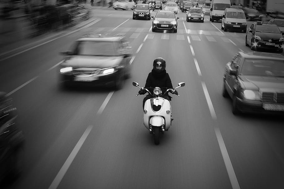 Person on Scooter on High Way, action, asphalt, black-and-white
