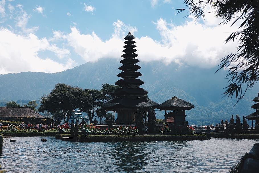 indonesia, pura ulun danu bratan, cloud, water, mountain, sun, HD wallpaper