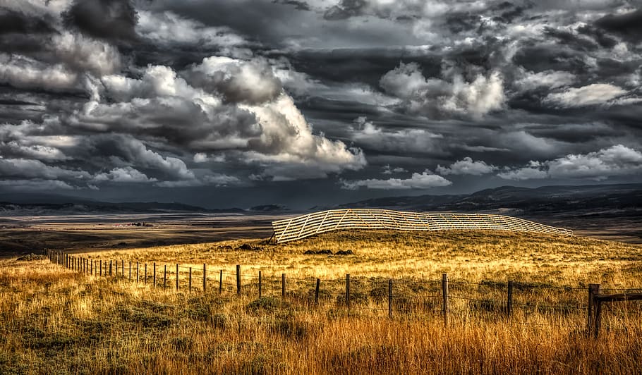 wyoming, america, fields, meadows, sky, clouds, mood, hdr, panorama HD wallpaper