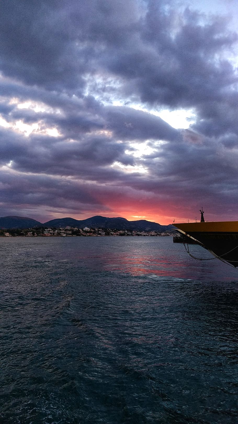 greece, salamis island, sea, sunset, ferryboat, cloud - sky, HD wallpaper