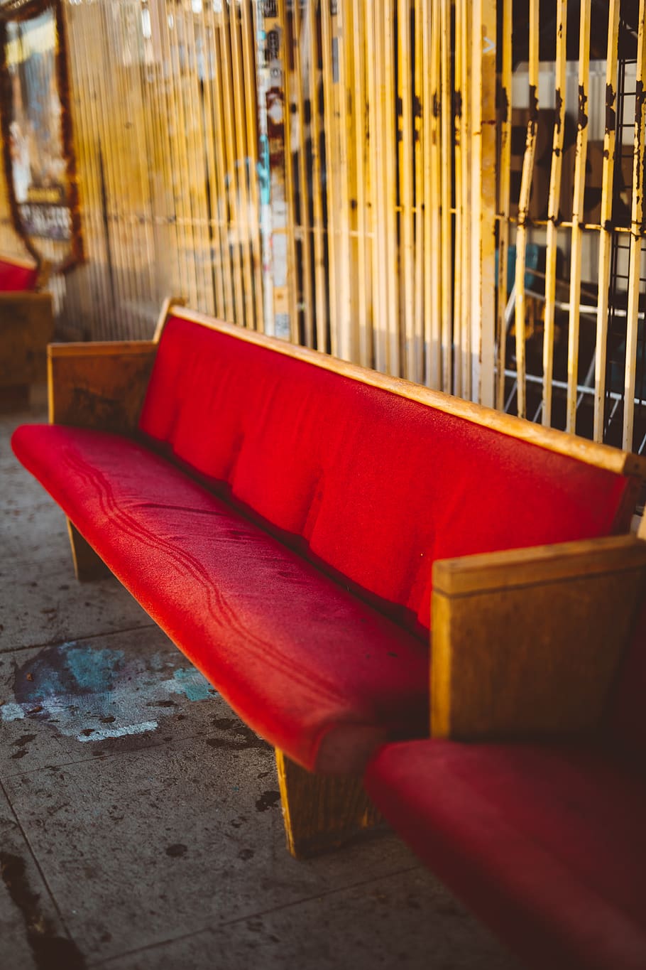 empty red fabric couch, cushion, bench, pew, seating, old, closeup HD wallpaper