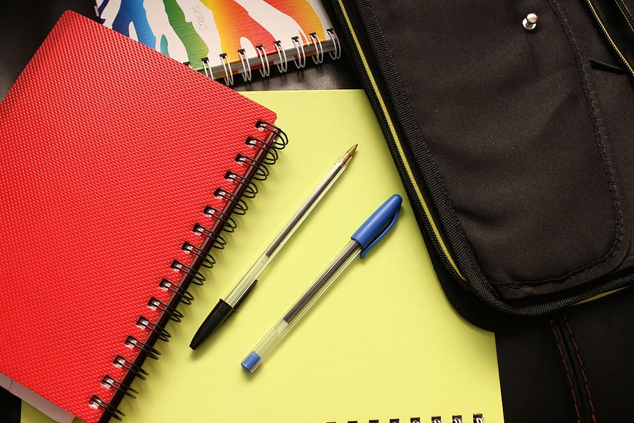 Black and Blue Pens Beside Red Covered Notebook, binders, blank HD wallpaper