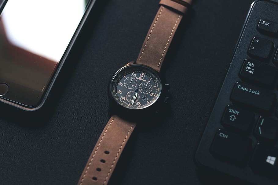 round black chronograph watch, wristwatch, hardware, computer, HD wallpaper