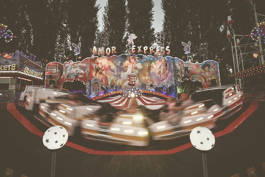 vehicle carousel, motion, blurred motion, amusement park, amusement park ride HD wallpaper