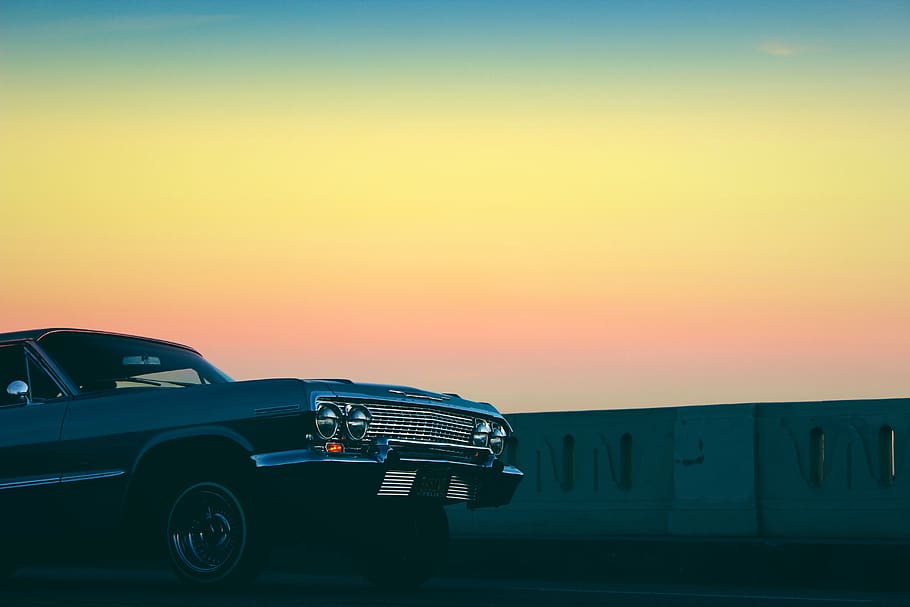sunset, dusk, sky, yellow, car, automotive, vintage, oldschool HD wallpaper