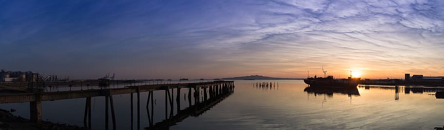 sunset, boat, port, sky, cargo, water, reflection, cloud - sky HD wallpaper