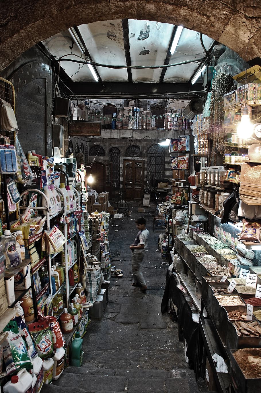 damascus, syria, goods, old, kid, turnning, market, retail