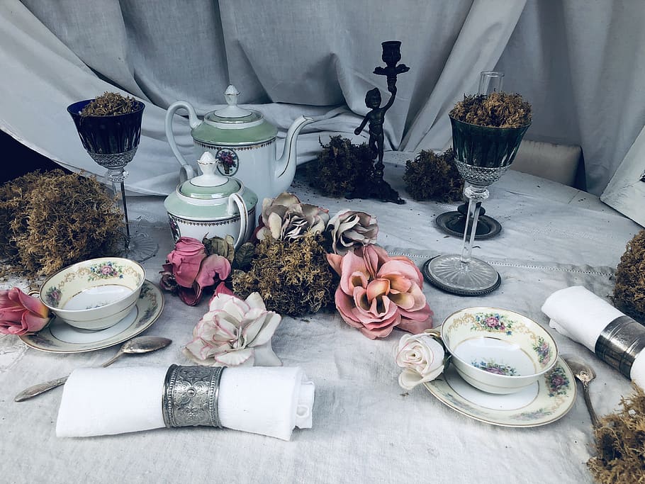 faux flowers and dinnerware set, table, no people, indoors, plant HD wallpaper