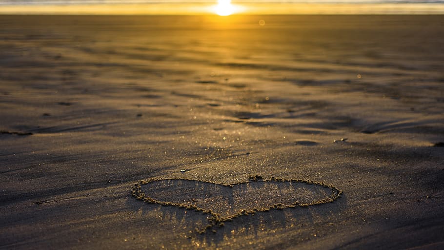 heart, love, sand, sunset, evening, evening sunset, nature, HD wallpaper