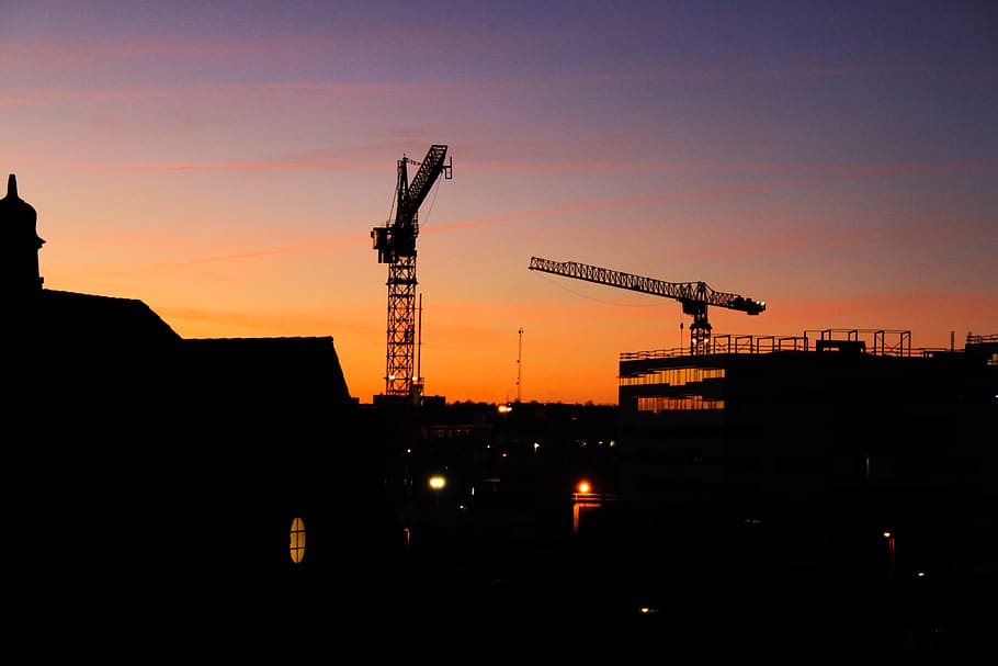 denmark, aarhus, sunset, sky, colorful, crane, red, city, cityview HD wallpaper
