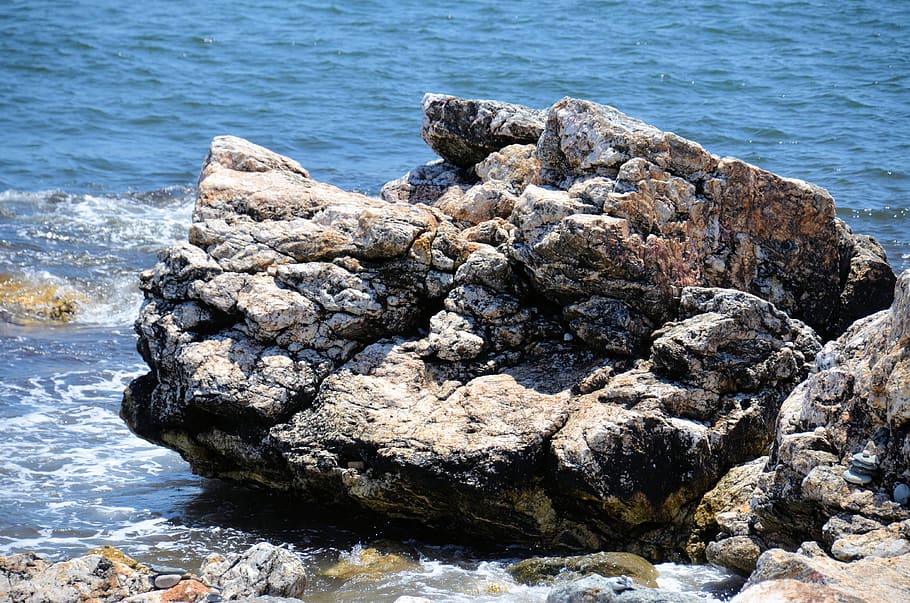 rock, solid, rock - object, sea, water, beach, day, land, no people HD wallpaper