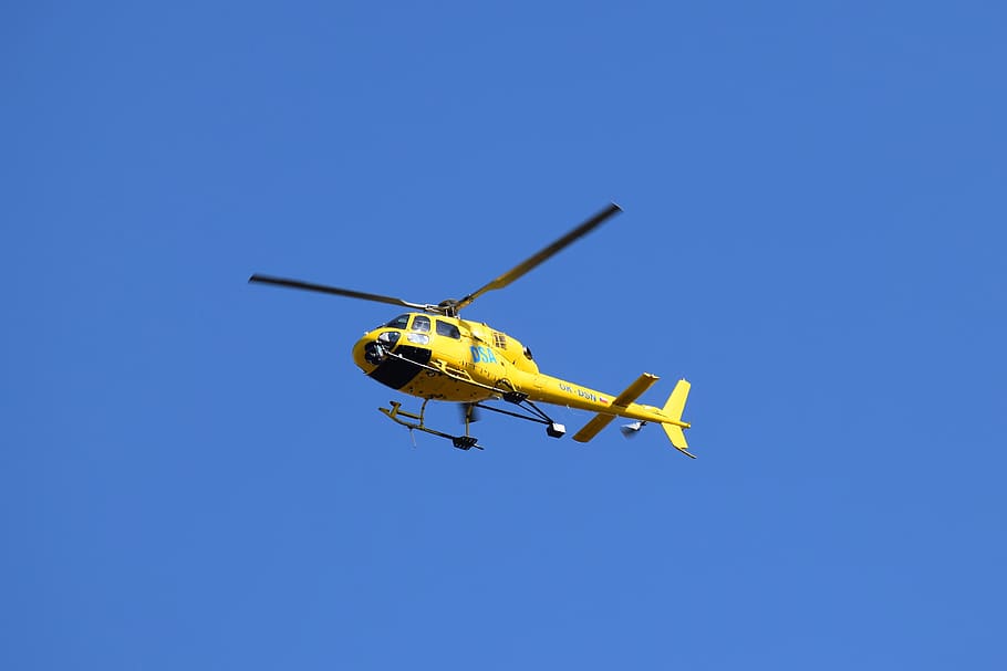 helicopter, yellow, blue, sky, flying, rotor, propeller, air vehicle HD wallpaper