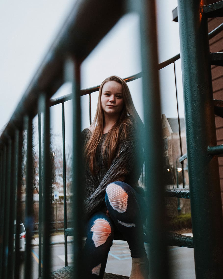 portrait, stairs, alley, pretty, girl, hand, sky, blue, sweater