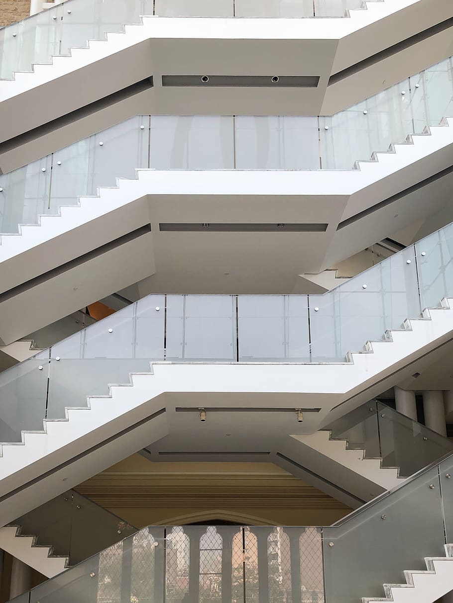 white building structure, banister, handrail, staircase, railing HD wallpaper