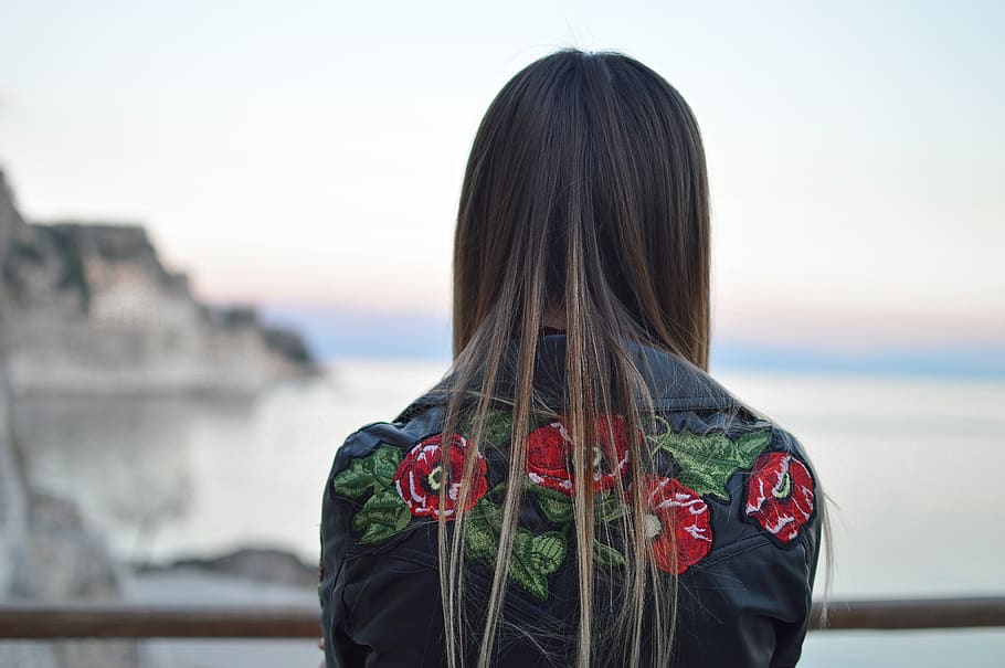 evening, sunset, view, winter, jacket, hair, person, girl, sea HD wallpaper