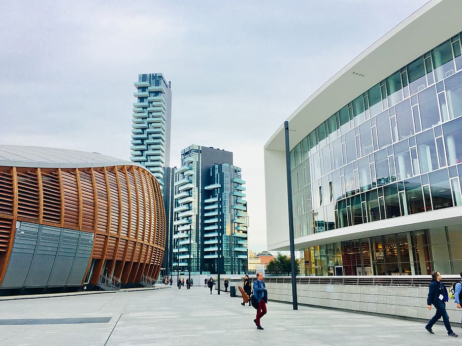 people walking near buildings, office building, human, person, HD wallpaper