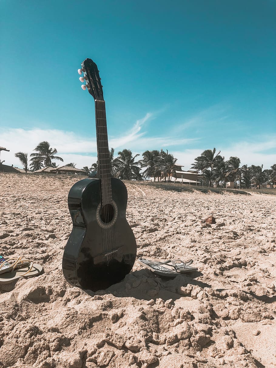 Guitar On Sand, musical instrument, string instruments, sky, sunlight HD wallpaper