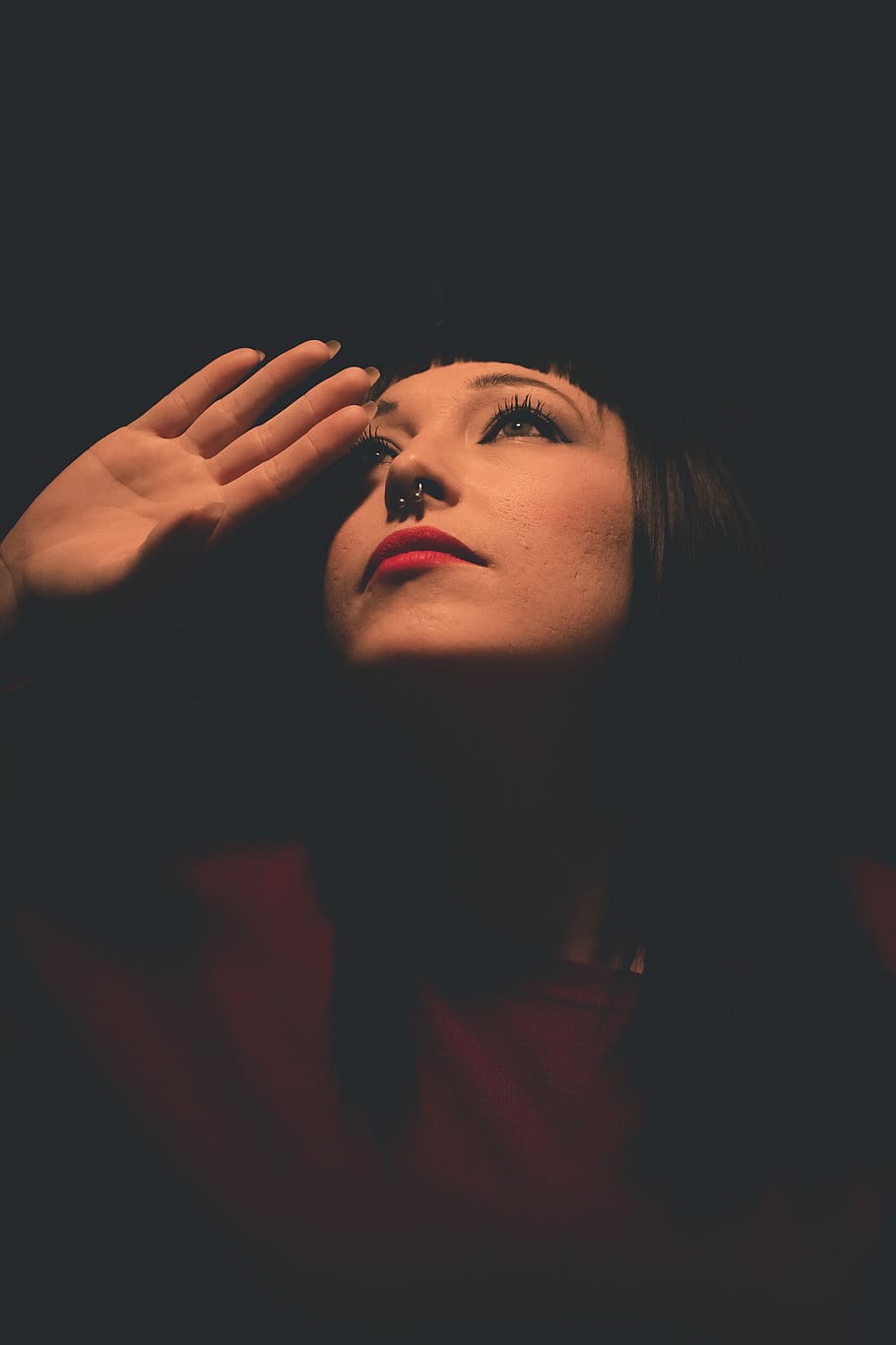 woman in red tops, human, person, finger, mouth, lip, hair, fashion HD wallpaper